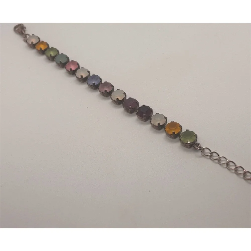 Multicolor Pastel Rhinestone Tennis Link Bracelet Silver‎ Tone 6.5 +